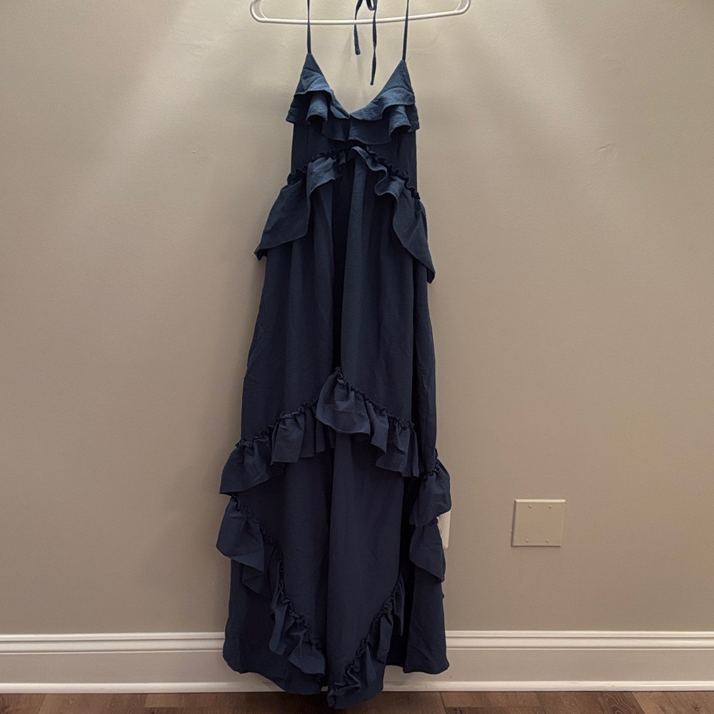 NWOT deep blue Ruffle Maxi Dress with open back